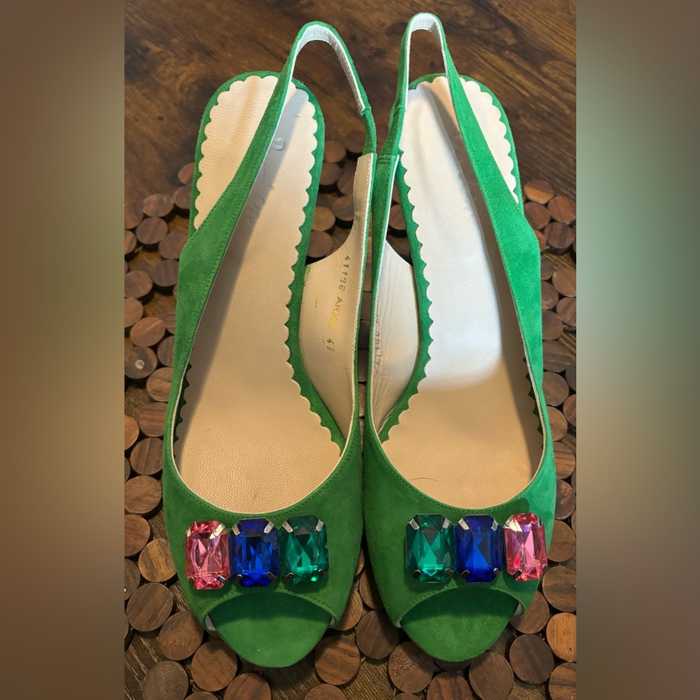 Boden Green Suede Slingback Heels with Multicolor Gem Accents